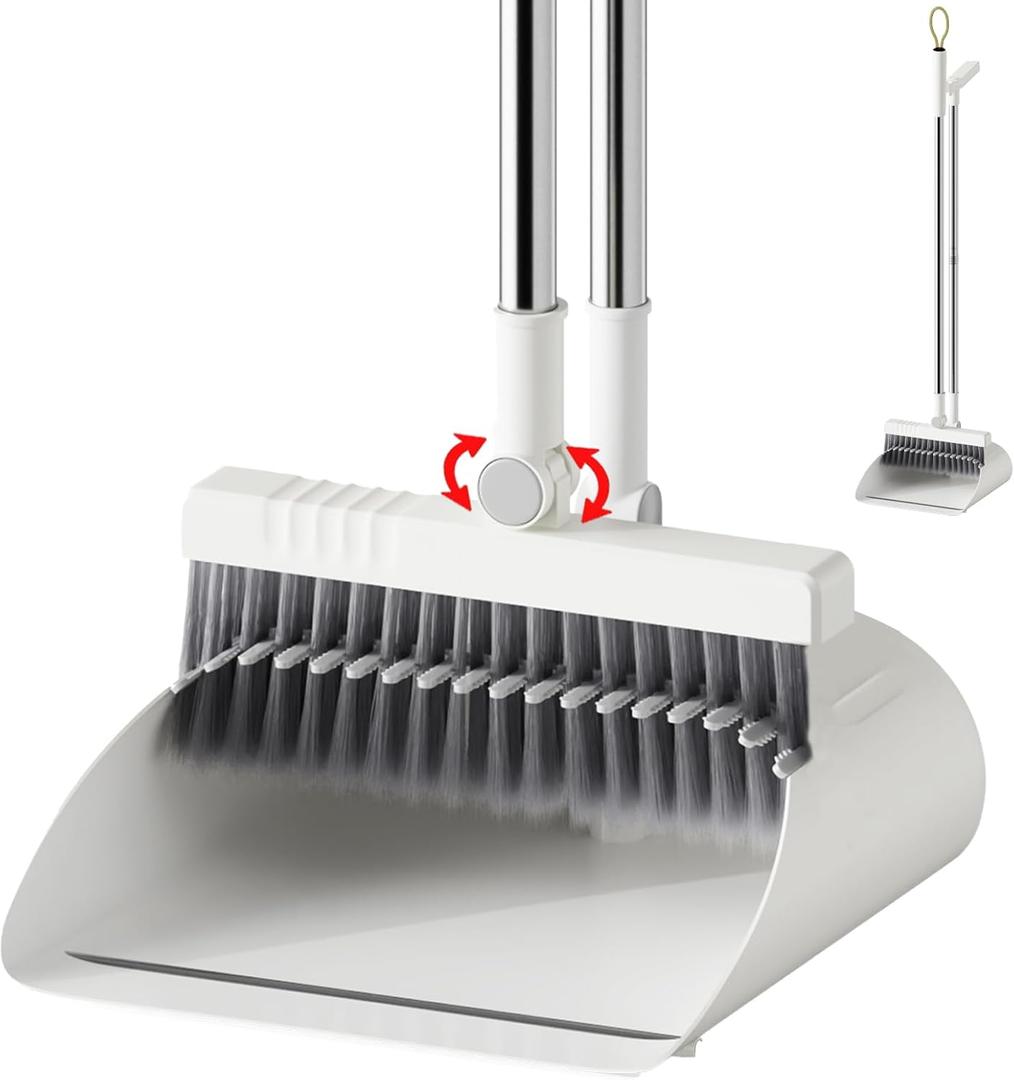 Broom with Dustpan Combo Set, Broom and Dustpan Set with Adjustable Handle, Self-Cleaning Dustpans Teeth for Home Kitchen Office Hall Floor, ZeroGap Lip (White&Grey)