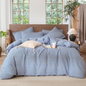 Grid Comforter Set Queen Blue Soft Luxury Washed Microfiber 3 Pieces Bedding Set, White Blue Grid Pattern Comforter with 2 Pillowcases Breathable Durable Comfy