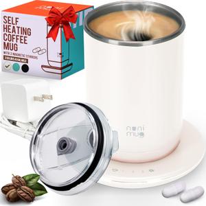 OZTANCE Self Stirring Coffee Mug 10 Oz No Batteries Smart Dual Function 3 Temperature Levels Control to Stir & Heat Beverages  Powerful 12V Charger Airtight Lid bElectric Cup in a Gift Box (White)