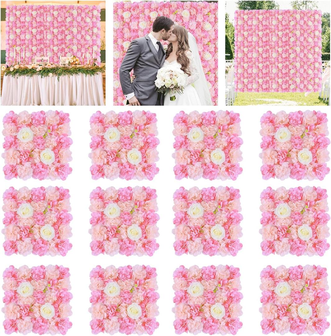 Pink Flower Wall Backdrop 12 Pcs Artificial Flower Wall Panels Silk Rose Flowers for Backdrops Pink Artificial Floral Backdrop Walls for Birthday Party Wedding Decor