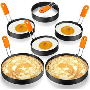 Patelai 6 Pcs Professional Egg Ring Pancake Ring Set Stainless Steel Fried Egg Molds Griddle Pancake Shapers with Orange Silicone Handle for Breakfast Omelette Sandwich(4, 6 Inch)