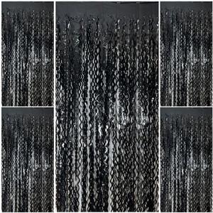 Black Fringe Curtain Party Streamers 5Pcs Foil Fringe Backdrop Curtains Wave Tinsel Streamers Black Party Decorations Door Streamers for Birthday Wedding Bridal Shower Halloween Decor