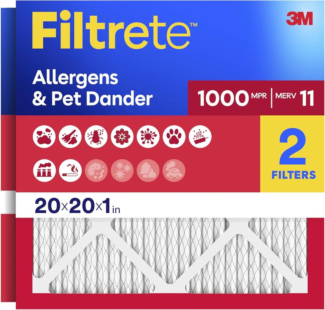 Filtrete 20x20x1 Air Filter, MERV 11, MPR 1000, Allergens & Pet Dander, 3-Month AC and Furnace Filters, Cleaner Air, Reliable Airflow, 2 HVAC Filters (Actual Size 19.68 x 19.68 x 0.81 in)