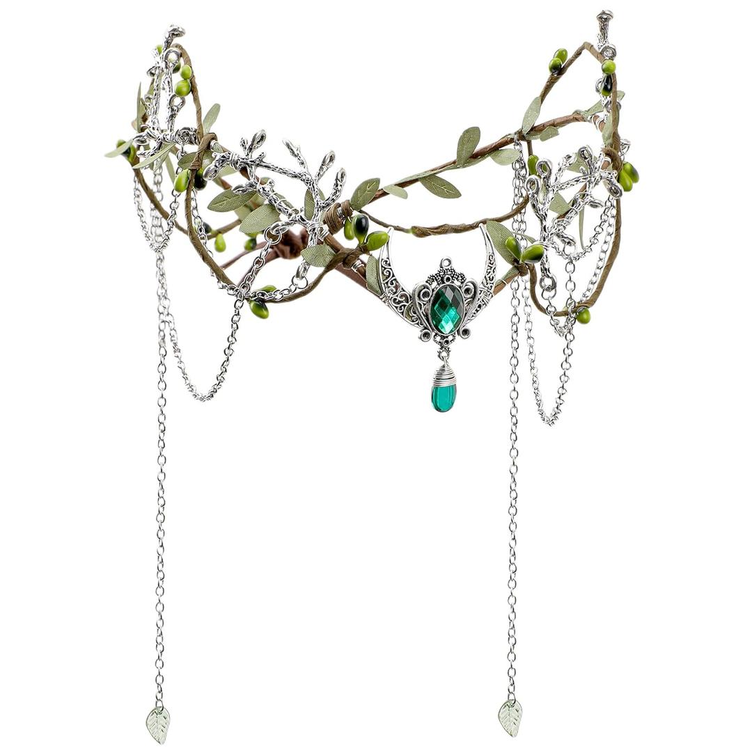 MOSTORY Woodland Fairy Headpiece for Women - Green Elf Crown with Tassel for Medieval Fairy Costume Renaissance, Floral Circlet for Fairycore Cosplay Renfaire Photo Shoot Viking Aesthetic