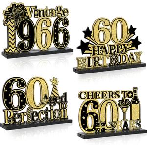 4 Pcs 60th Birthday Table Decorations Vintage 1966 Black Gold Birthday Party Centerpieces Aged to Perfection 60th Birthday Decorations Cheers to 60 Years Table Topper Wooden Decor for Men 60 Years Old