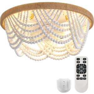 Ceiling Fans with Lights and Remote - Bulbs Included, Caged Fandelier with Handcrafted Beaded Dcor 19 inches Reversible Flush Mount Installation Ceiling Fan, White, 19.2