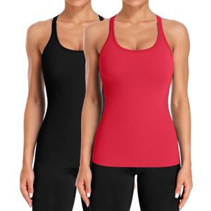 ATTRACO 2 Pack Ribbed Workout Tank Top with Built in Bra for Women Tight Fit Seamless Yoga Top (Large, Black/Red)