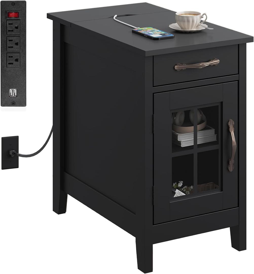 WLIVE End Table with Charging Station, Narrow Side Table for Living Room, Farmhouse Night Stand with Storage, Small Wooden Cabinet Nightstand with USB Ports and Outlets, 23.7" D x 13.78" W x 23.7" H (Black)
