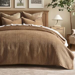 EverGrace Luxury Velvet Quilt Set Queen Size 3 Piece, Soft Cross-Stitch Velvet Comforter Set with Pillow Shams, Lightweight Coverlet Bedspread Bedding Set for All Seasons, Tobacco Brown (Full/Queen (90" X 92"))