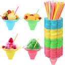 Boao 200 Pcs 8oz Colorful Flower Snow Cone Cup with Spoon Straw Flower Shaped Plastic Leakproof Shaved Ice Cream Bowl Reusable Snack Cups for Kid Birthday Hawaii Party Supplies, Easy Grip