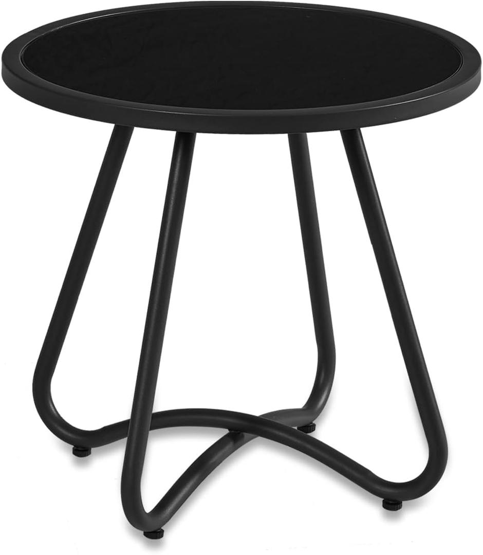 YIYAN Outdoor Side Tables, Resistant Steel Patio Side Table, Small Round End Table for Patio Balcony Porch Garden (Top Tempered Glass)