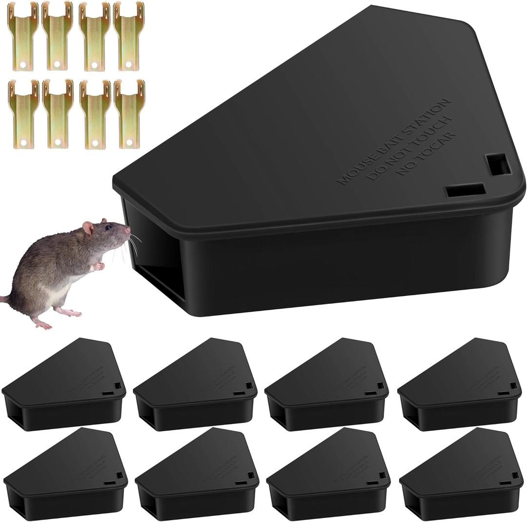 8 Pack Mouse Bait Stations with Keys - Outdoor Refillable Mouse Bait Station Reusable Mice Small Rats Poisoning Station Box for Indoor Outdoor Kitchen Garage, Safe for Kids and Pets, Black