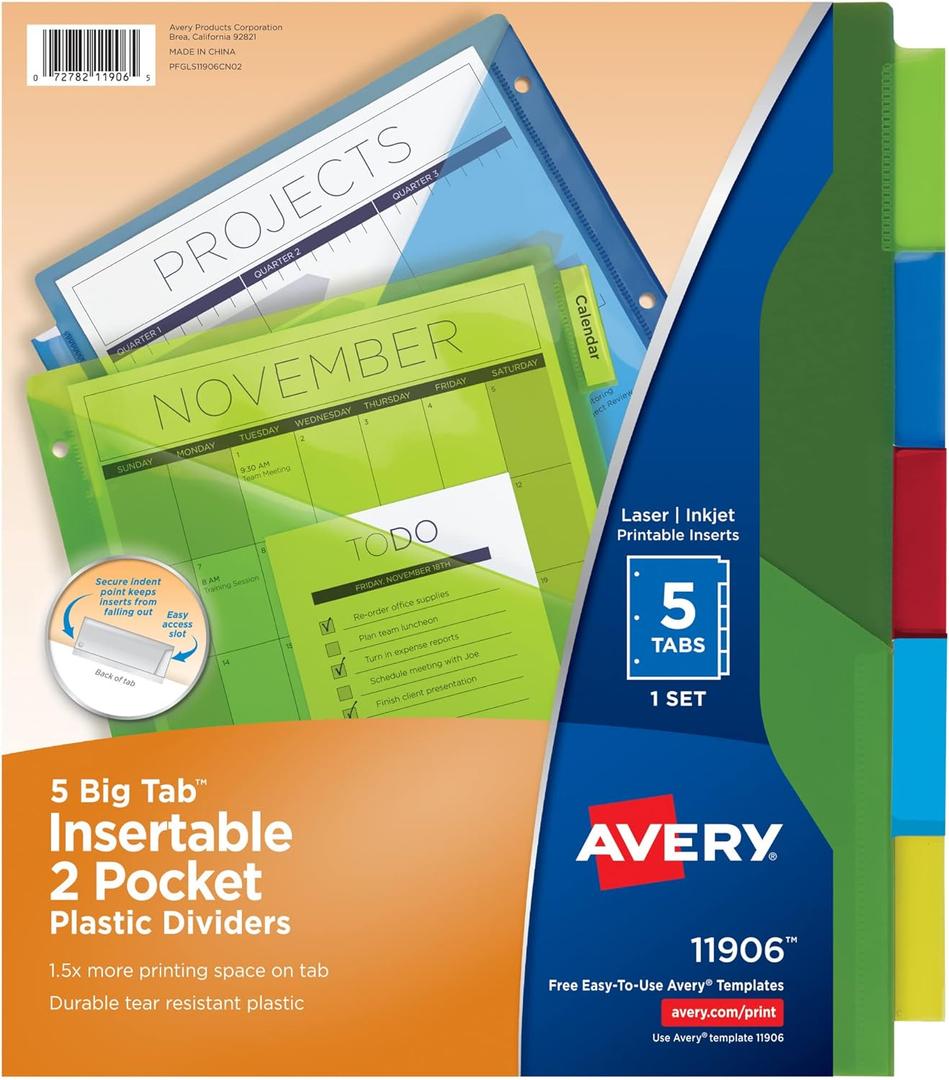 Avery Dividers for 3 Ring Binders, 5-Tab Two-Pocket Plastic Binder Dividers, Multicolor (24 Sets of 11906)