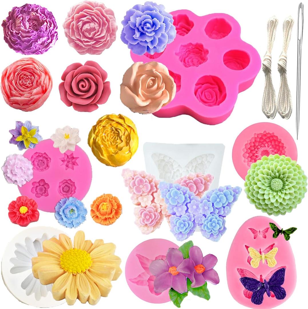 Nimzoekd 10PCS 3D Flower Butterfly Silicone Molds Flower Mold Peony Mold Rose Mold Sunflower Mold flower 7 Cavity Rose Fondant Chocolate Candy Cake Decorating Mold Resin Casting Mold DIY Gift Ornament (pink)