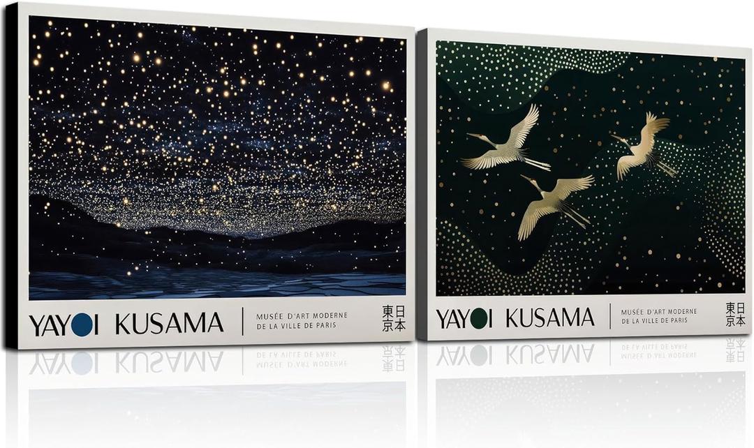 Framed Starry Sky Flying Cranes Japanese Bird Rustic Nature Animal Wall Art Decor Canvas Print Picture Yayoi Kusama Style Modern Poster Gallery Bedroom Living Room Studio 12x16 Inch Ready to Hang
