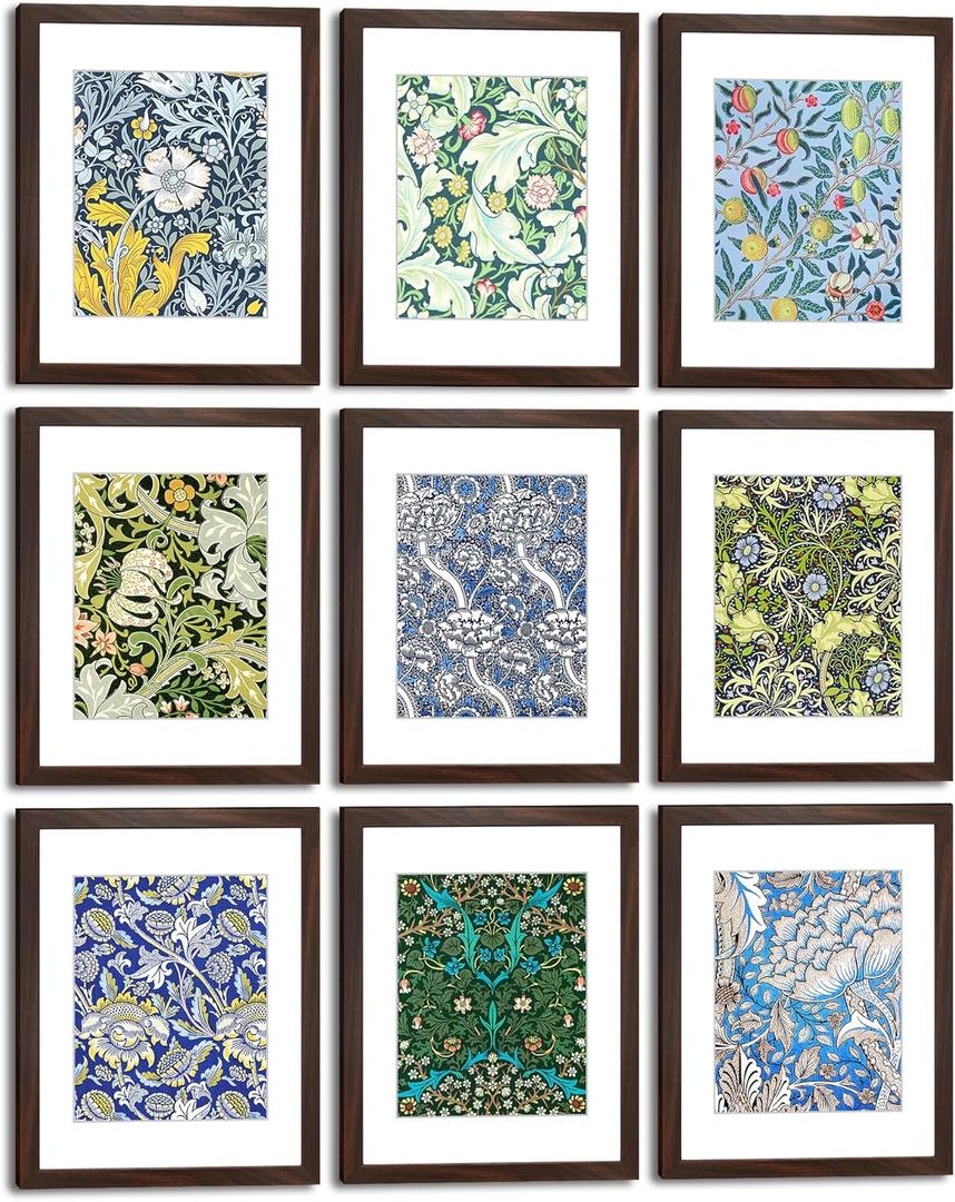 11x14 Picture Frame Set of 9 with HD plexiglass cover for Pictures 8x10 with Mat or 11x14 Without Mat, Wall or Tabletop Gallery Photo Frames Walnut