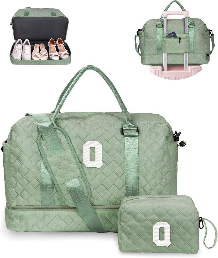 Personalized Teacher Gifts, Gifts for Women-Girl Travel Bag with Shoe Compartment, Personalized Weekender Bag, Monogram Overnight Bag for Women, Letter Travel Bag with Makeup Bag (Letter Q) (Light Green)