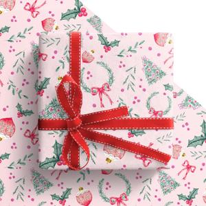 GIOLAINY Pink Christmas Wrapping Paper for Girls Women Kids - Holiday Gift Wrap with Ornaments, Xmas Trees, Berries & Wreaths Designs - 4 Sheets (28 x 40 inches), Easy to Store