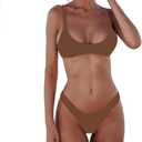 SherryDC Women's Solid Scoop Neck Push Up Padded Brazilian Thong Bikini Swimsuit Bathing Suit (Brown, S)