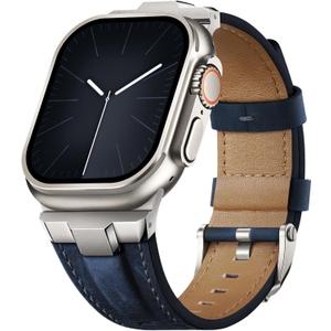 Suitisbest Leather Band Compatible for Apple Watch Ultra Band 49mm 46mm 45mm 44mm 42mm 41mm 40mm, Genuine Leather Replacement Strap for iWatch series 11 10 9 8 7 6 5 4 3 2 1, SE 3 2 1, Ultra 3 2 1 (Titanium/Dark Blue)