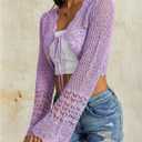 OYOANGLE Women's Crochet Tie Front Sweater Cardigans Bell Sleeve Knitted Cropped Bolero Shrug Cardigan (Purple, S)
