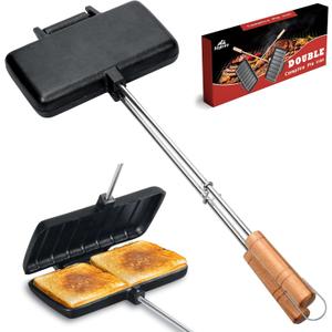 Double Pie Iron for Camping Cast Iron, Pre-seasoned Cast Iron Campfire Sandwich Maker, Mountain Pie Maker, Portable Campfire Cooking Equipment Camp Cooker