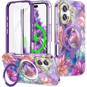 for iPhone 17 Case Built-in Screen Protector,Cute Flower Case with Magnetic Invisible Stand [Compatible with MagSafe] Military Full Body Shockproof Cover for Women/Girls-Lotus
