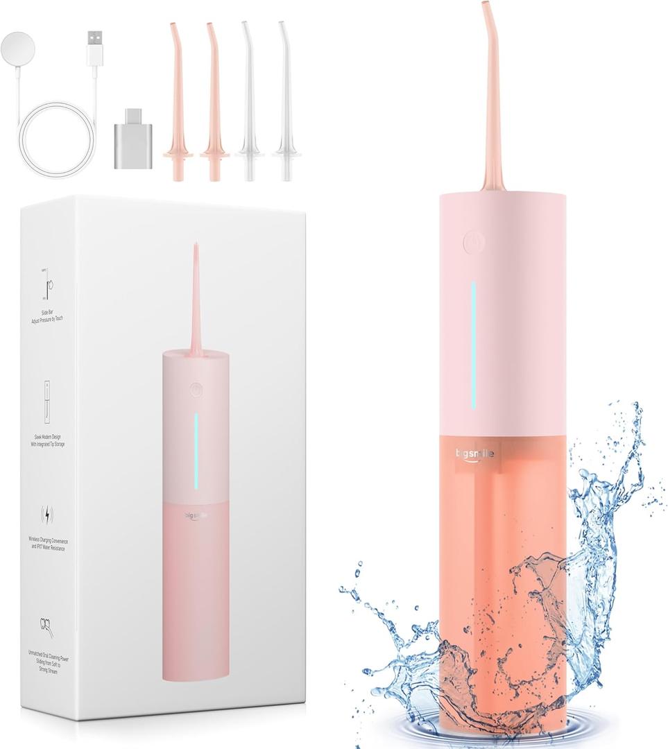 Cordless Water Flosser for Teeth Clean, Portable Electric Water Dental Flosser for Travel, 3 Modes 8 Intensities, IPX7 Waterproof Water Dental Picks for Gums Braces with 4 Tips (Pink)
