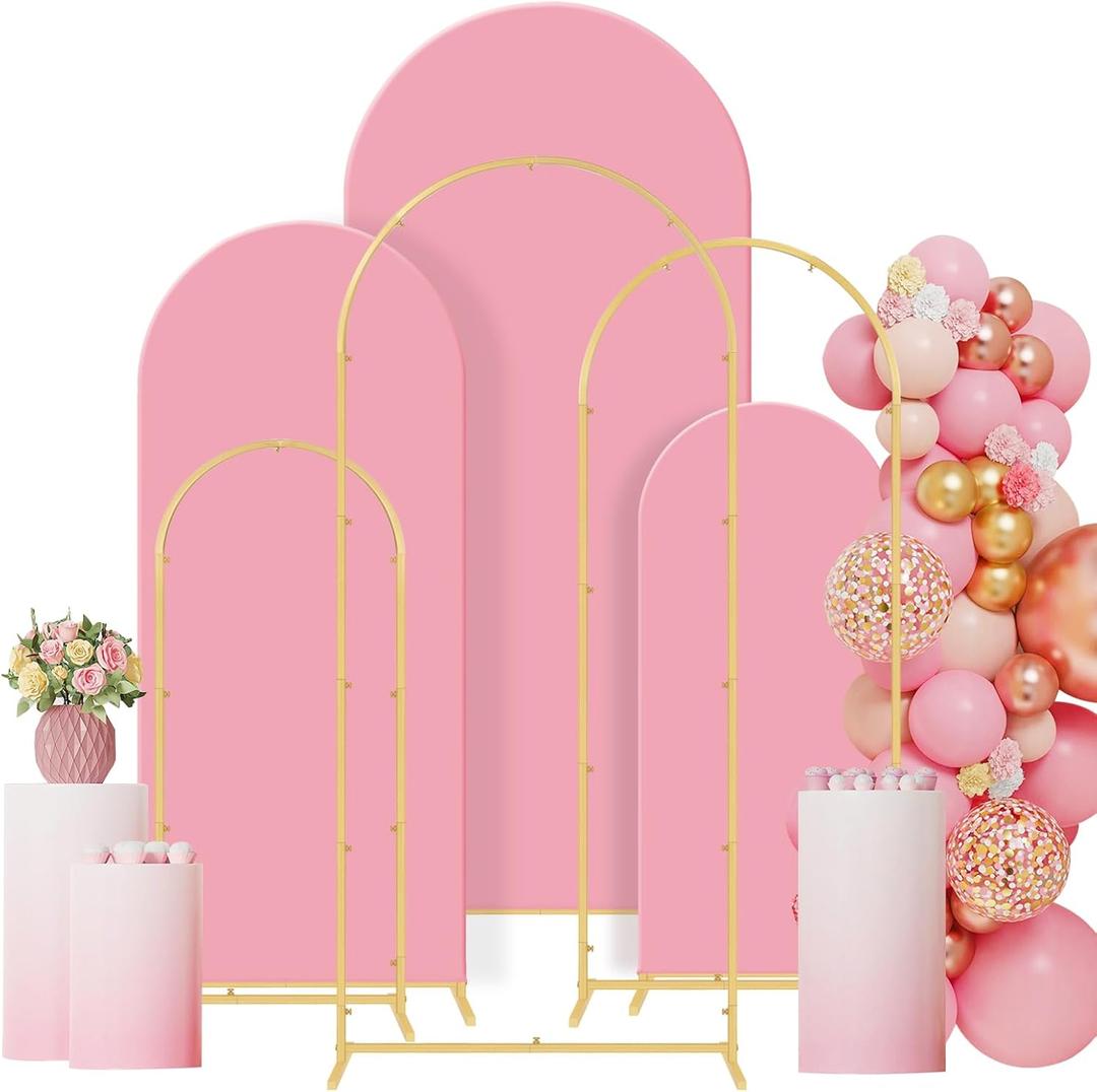 Gawicpy Wedding Arch Backdrop Stand Set Metal Arch Backdrop Stand with Wedding Arch Cover, Wedding Balloon Arch Backdrop Stand for Birthday, Baby Shower, Anniversary (Pink, 4FT+5FT+6FT)