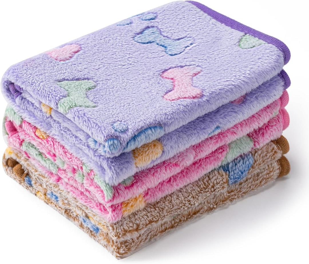 1 Pack 3 Blankets Super Soft Fluffy Premium Fleece Pet Blanket Flannel Paw Printed Throw for Dog Puppy Cat (Small 23x16'', Purple, Pink, Brown)