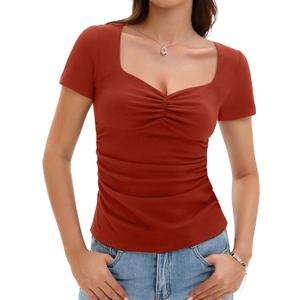 Amoretu Womens Sweetheart Neckline Tops Short Sleeve Fitted Ruched Going Out Shirts (Small, Rust Red)
