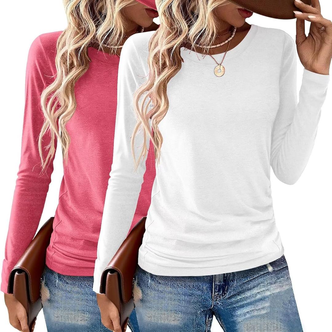 Gihgoew 2 Pack Womens Tops Crewneck Soft Long Sleeve Shirts Fall Clothes Casual Tshirts Basic Tee (Large, White+rose Red)