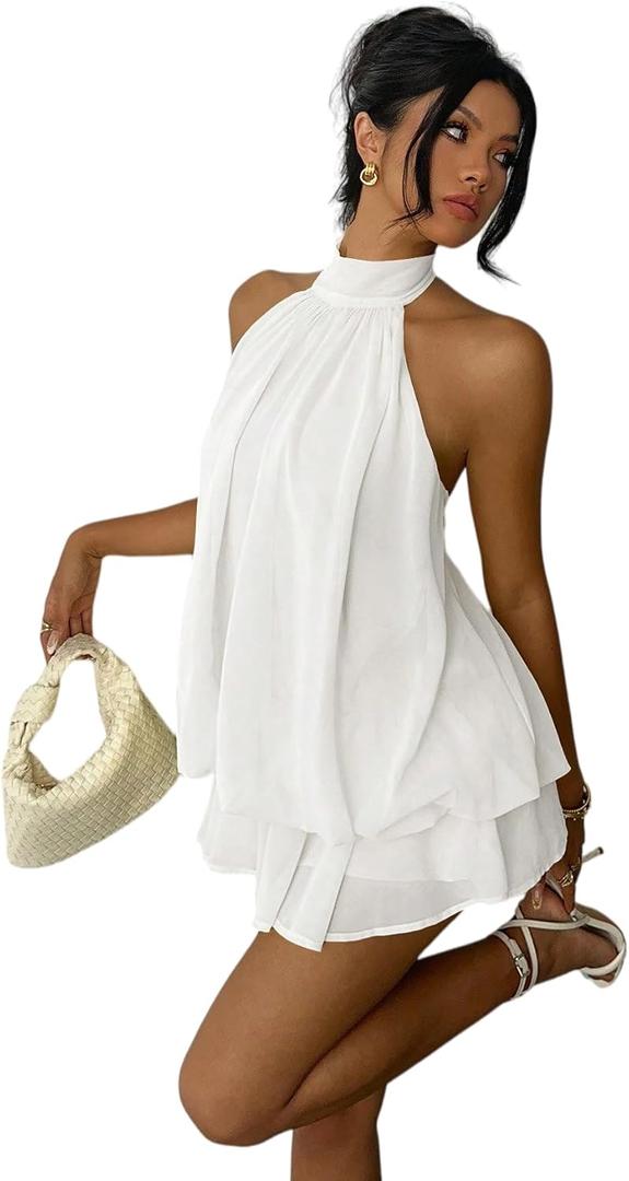 Women's Mini Backless Halter Flowy Summer Dress Ruffle Sleeveless Short Sundess A Line Cute Dresses for Womens, White, Small