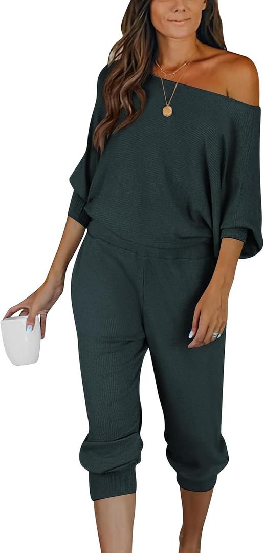 PRETTYGARDEN Two Piece Sets for Women Fall 2025 Ribbed Knit Off Shoulder Tops Lounge Pants Tracksuit Fashion Clothing (Small, Navy)