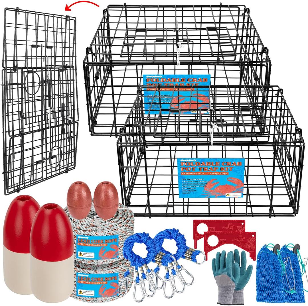 QualyQualy 2 Packs Foldable Crab Trap 24", Crab Bait BagPacific Heavy Duty Steel Crap Cage Kit with Harness, 100 Sinking Line, Easy Store & Carry Crabbing Kit
