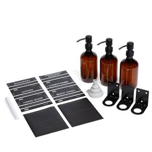 EcoAmenities Shampoo Conditioner Body Wash Dispenser for Shower - Wall Mounted Soap Dispenser for Bathroom - Refillable with Labels (3 Container Pack - Amber)