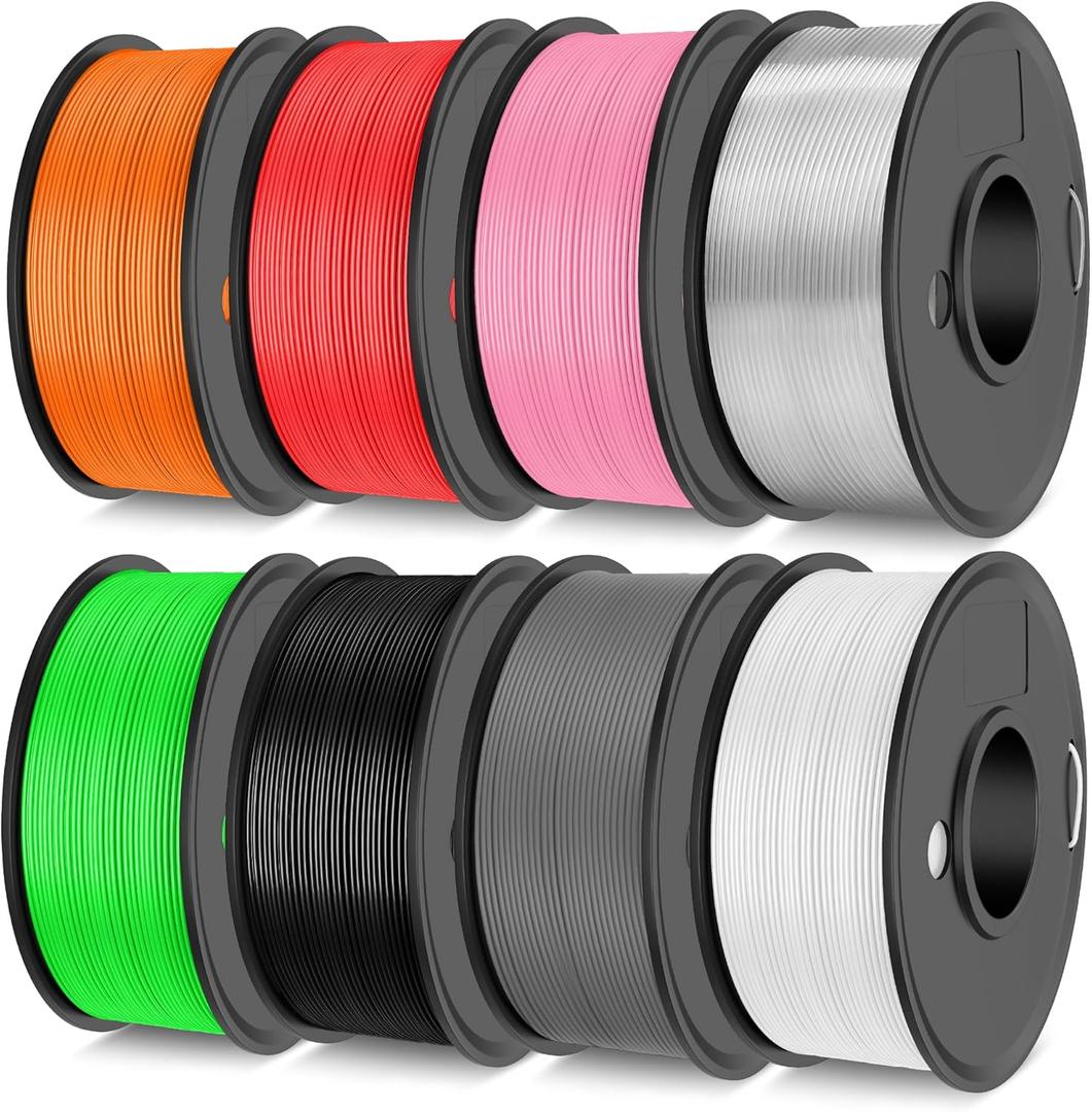 TECBEARS PLA 3D Printer Filament Bundle, 250g PLA Filament 1.75mm, 0.25kg Each Spool, Total 2kg, 8 Packs, Black+White+Transparent+Grey+Orange+Pink+Red+Green