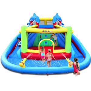 Inflatable Water Slide with Bounce House,Dolphin Styling,Splashing Pool,Double Water Cannon,Climbing Wall,Heavy Duty GFCI Blower,Inflatable Water Park Slide for Kids Backyard Summer