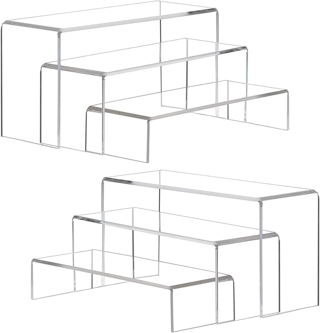 ANDGOO Large Acrylic Display Risers, 2 Sets(11.2L~11.6L~12L) Clear Rectangular Showcase Collectibles Display Shelf, Retail Desktop Risers Display Stand for Organize and Decoration