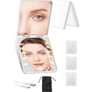 Compact Mirror, Rechargeable 30X Magnifying Mirror with 3 Lighting Modes & Dimmable Brightness, Portable Travel Makeup Mirror with Light, Essentials for Travel, Pocket, Purse, Gifts for Women White