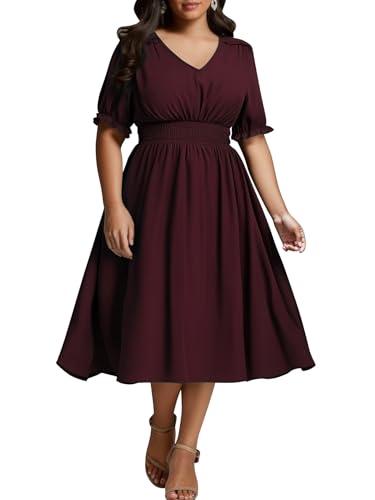 HICISI Women's Plus Size Midi Dress Short Sleeve V Neck Smocked Flowy A-Line Boho Wedding Party Dresses Burgundy, Size 2XL
