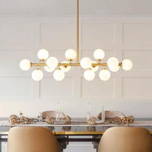 Mid Century Modern Sputnik Chandelier: 16-Light Globe Chandeliers over Table - White Glass Linear Chandelier Dining Room Light Fixture - Gold Brass Modern Chandeliers for Living Room Kitchen Island, 39"