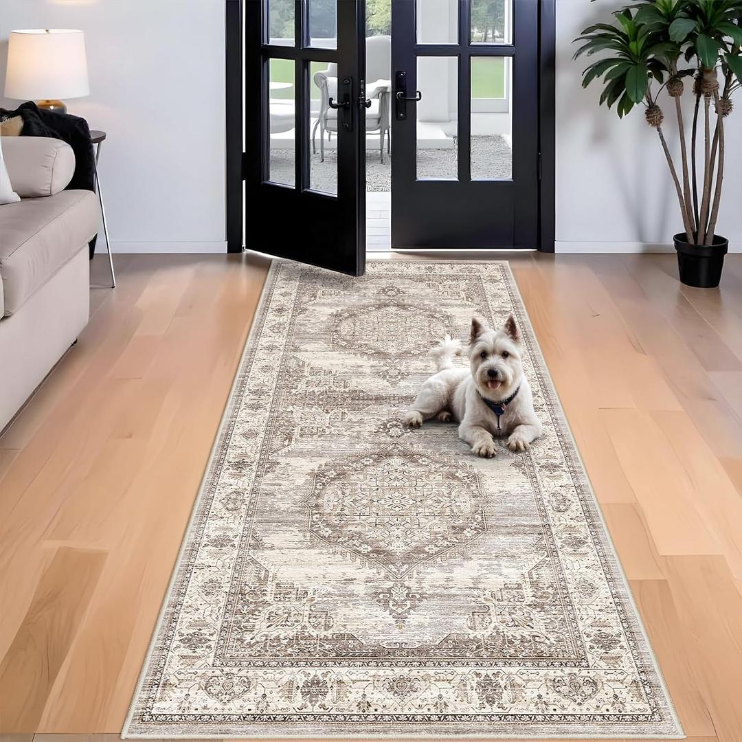 Washable 4x8 Hallway Area Rug: Vintage 8ft Water Resistant Soft Runner Rug for Entry Kitchen Non Slip Wide Low Pile Carpet for Living Room Bedroom Thin Floor Mat for Bathroom Dining Room (Beige,4x8)