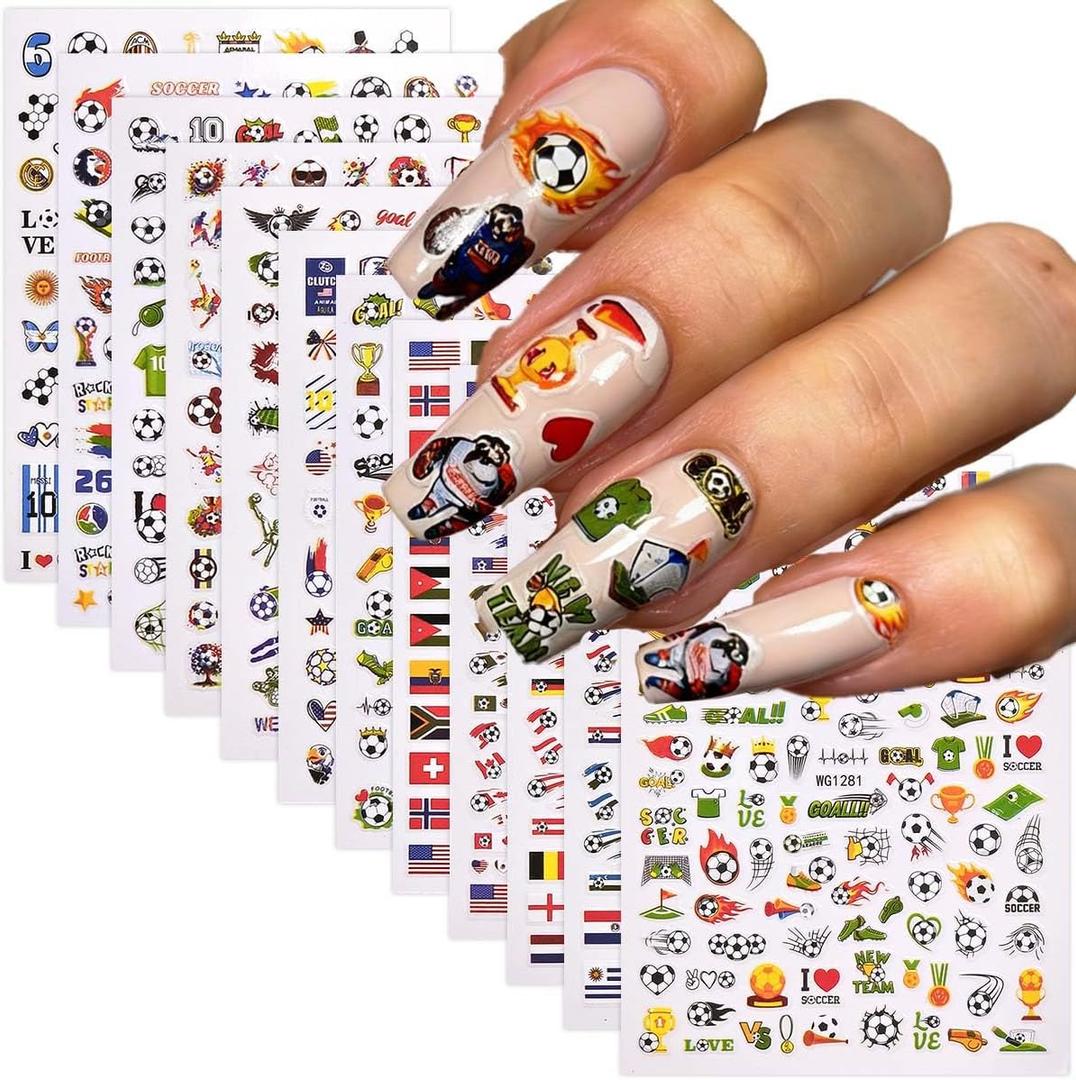 4 x Football World Cup Nail Stickers Colorful Soccer Sports Nail Decals Embossed Waterproof Nail Designs Competition Nails Supplies Self-Adhesive Nails Stickers Decals for Women DIY Manicure 12Sheets, Small