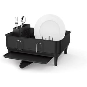 simplehuman Compact Dish Drying Rack with Stainless Steel Frame, 360 Easy Drain Swivel Spout, Utensil Holder, Anti-Residue Coating, Moisture Control Surface, Matte Black