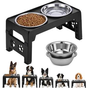 Elevated Dog Bowls, Raised Bowl with 2 Stainless Steel Food Bowls, Dog Bowls Stand Adjusts to 5 Heights 2.95", 8.46", 9.65", 10.82", 12.01" for Small Medium Large Cats Pets,Black