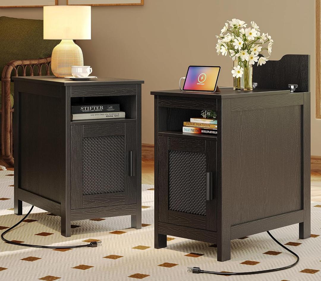 Huuger Narrow Night Stand Set of 2, End Table with Charging Station, USB-C Port, Rattan Side Table with Cabinet and Open Shelf, Synthetic Rattan, for Small Spaces, Bedroom, Black, 13.4" L x 23.6" W x 22.8" H