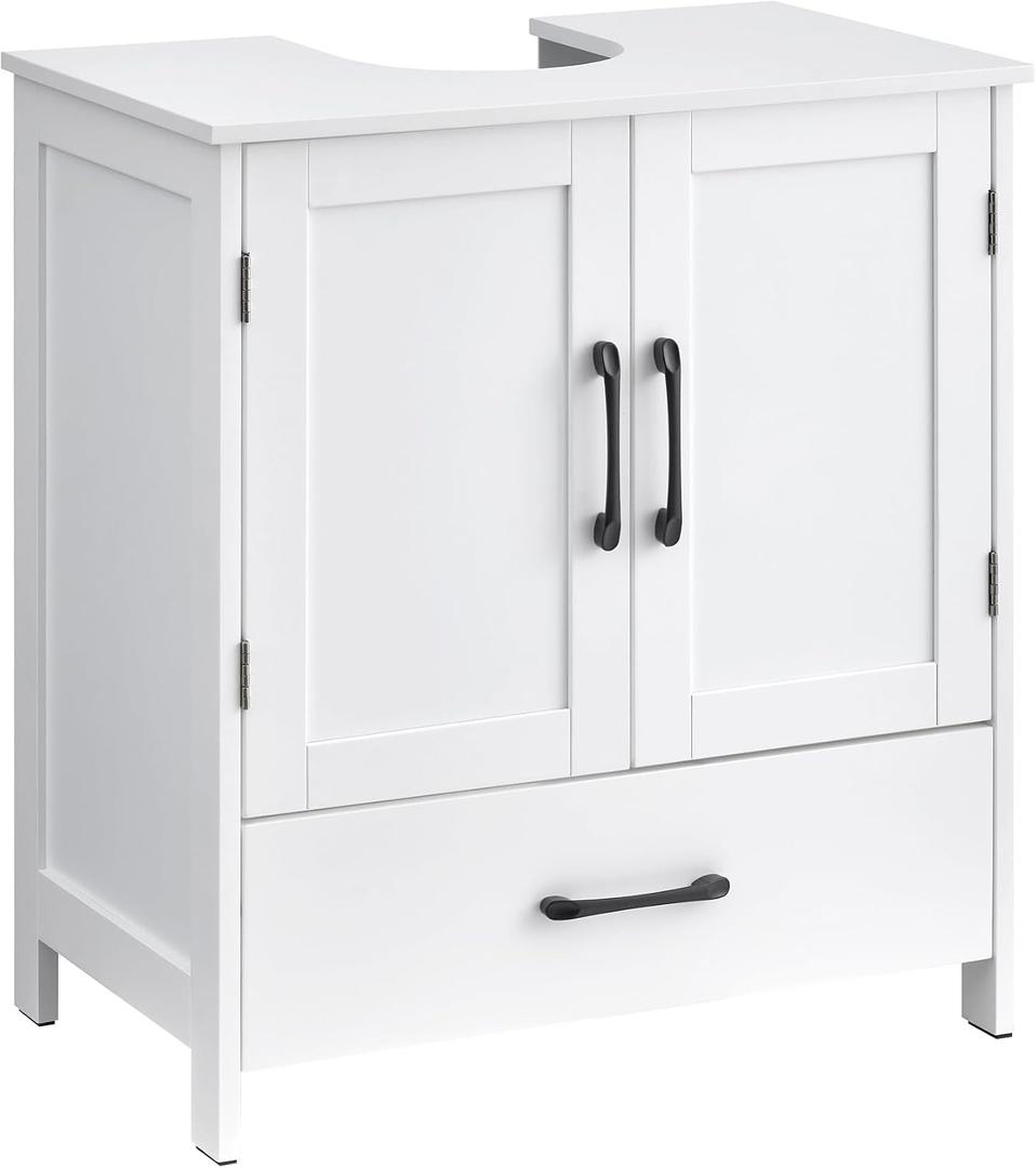 Under Sink Bathroom Cabinet, Pedestal Sink Storage Cabinet with Drawer & 2 Doors, Waterproof Vanity Cabinet with U-Shaped Cutout for Bathroom, Laundry Room, Kitchen, White