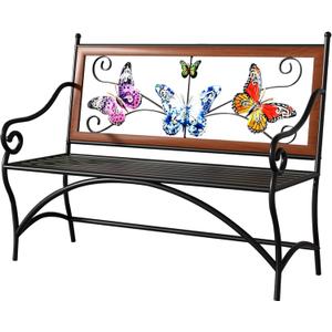39.7" Outdoor Bench, Garden Bench, Patio Bench with Armrest, Slatted Seat and Butterfly Pattern Backrest for Outside, Front Porch, Park, Lawn, Backyard and Balcony, Cast Iron Metal Frame, Black, Two-seater