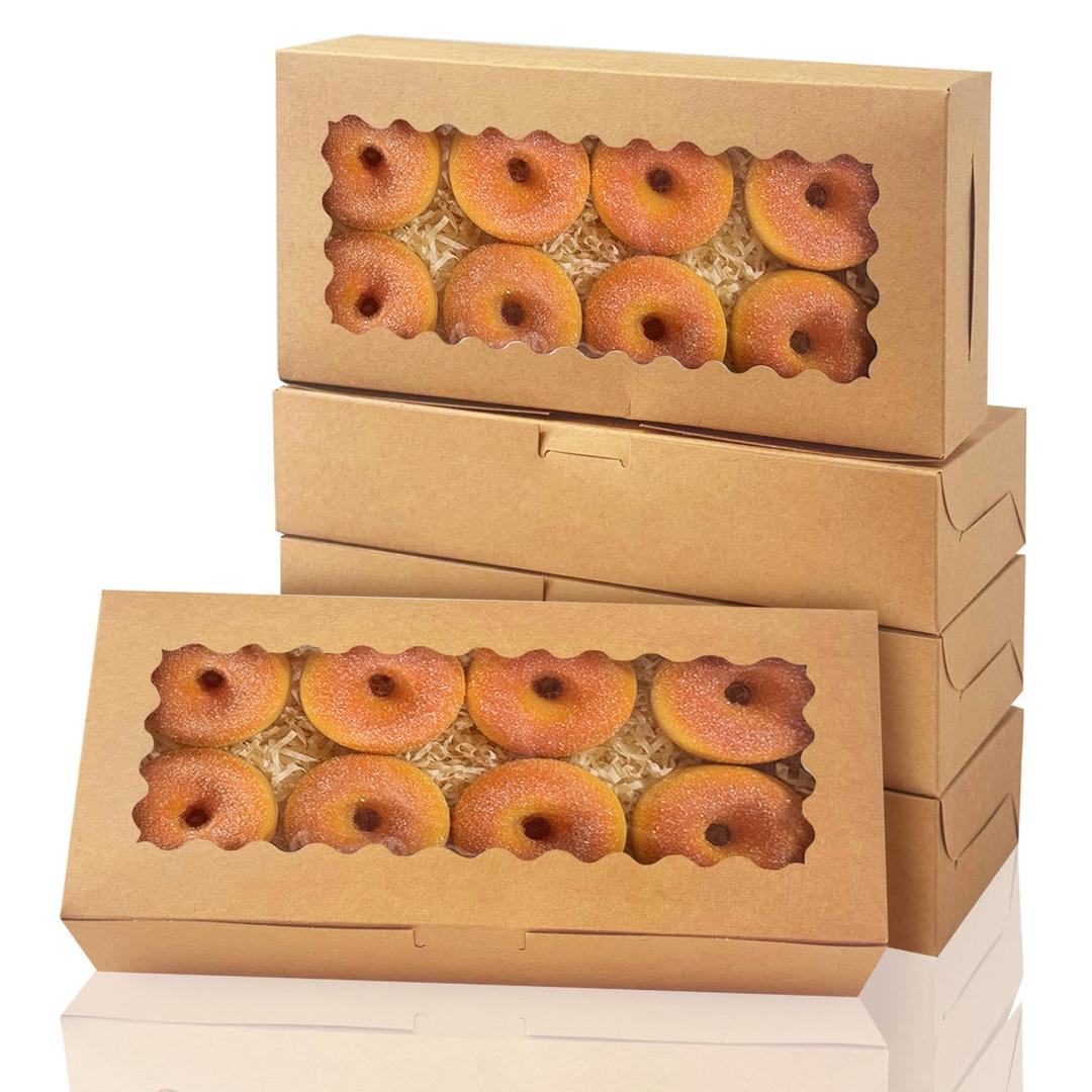 qiqee 12x5.5x2.5 Inch Brown Cookie Box with Window 15Pcs Pastry Macaron Bakery Box For Packaging